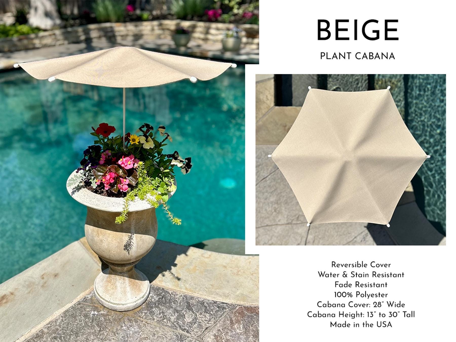 Plant Cabana™ – All the Sun. None of the Heat. Beautiful Protection for Potted Plants. 28” Wide x 30” Tall. Simple Assembly Required.